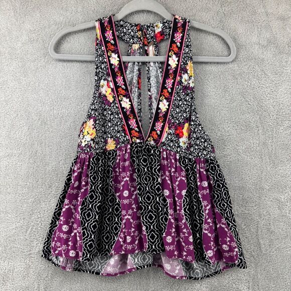 Free People Top Womens XS Black Dream Darlin Deep V-Neck Babydoll Boho Flowy - Picture 2 of 14